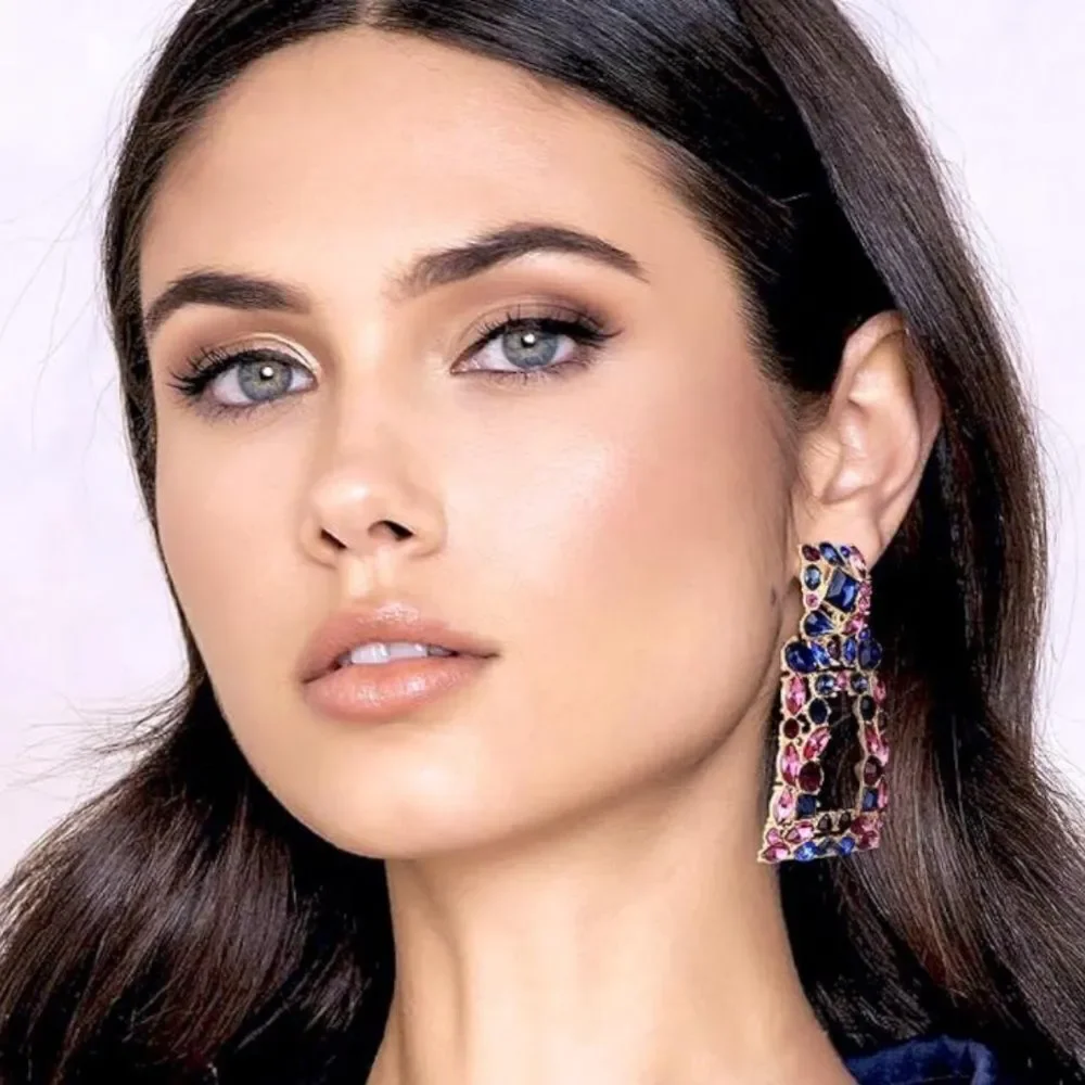 Yellow Gold with Amethyst and Blue Sapphire Crystal Geometric Rectangle Earrings